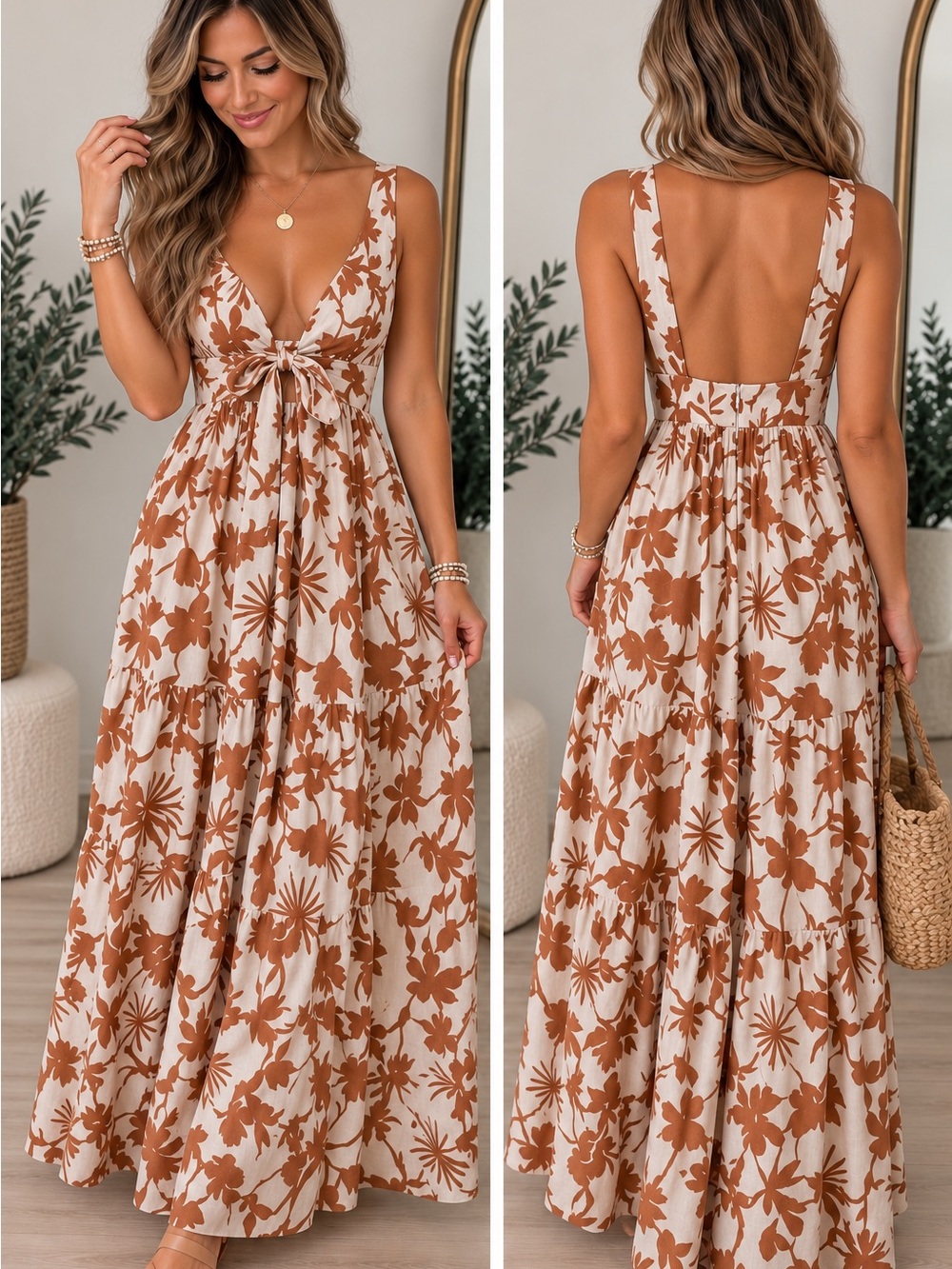 Aakaa Cream Maxi Dress with Brown Floral Print